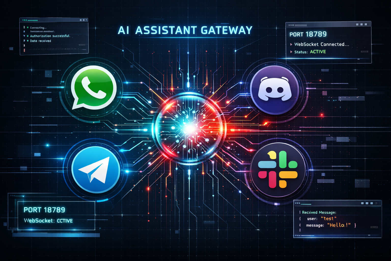 Cwaldbot OpenClaw AI assistant architecture showing Gateway connecting to multiple messaging platforms including WhatsApp, Telegram, Discord, and Slack with WebSocket connections